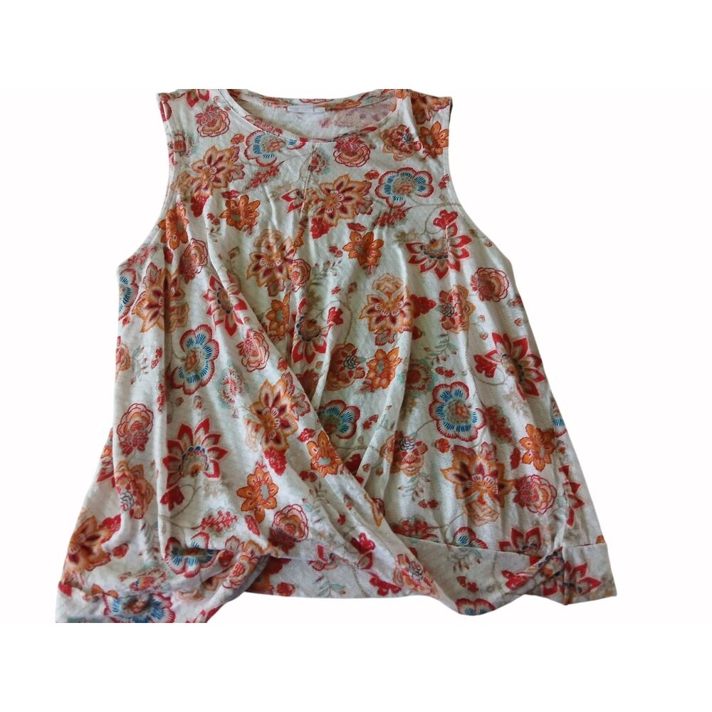 J Jill Love Linen Floral Knit Tank Top M White Orange Pink Twist Banded Hem - Picture 6 of 14
